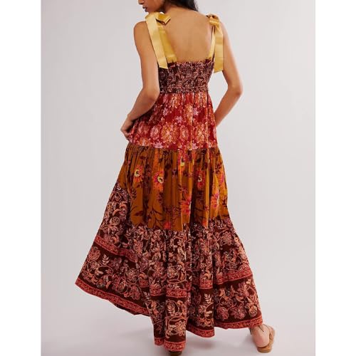 Floral Maxi Dress for Women with Tie Shoulder and Pockets