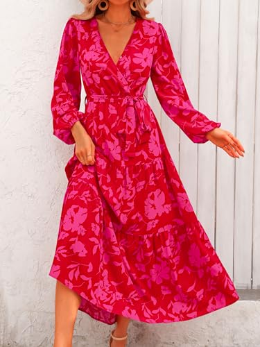 PRETTYGARDEN Women's Floral Wrap V-Neck Maxi Dress Casual Chiffon